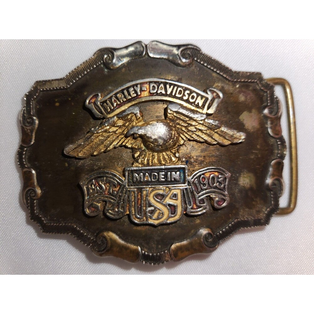 Vintage Harley Davidson Made in USA Eagle Est 1903 Brass Belt Buckle 1970's